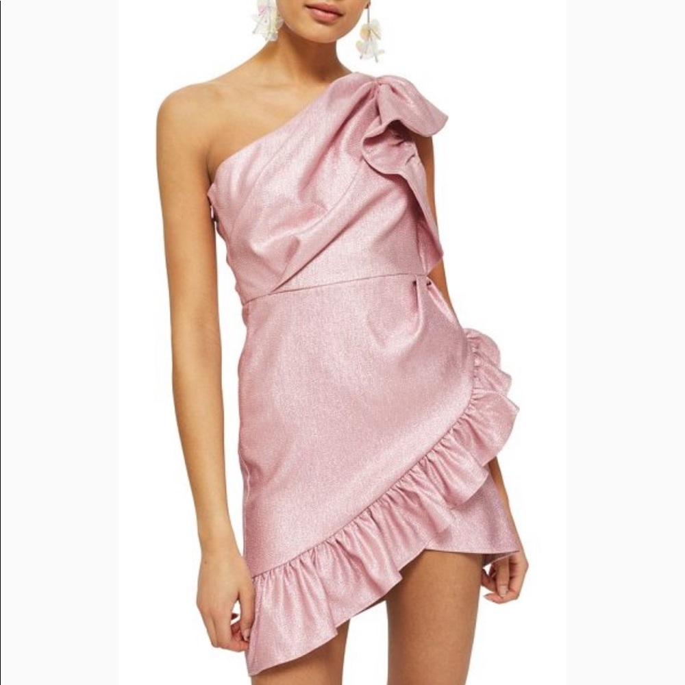 Topshop Pink Ruffle One Shoulder Mini Dress SZ 8